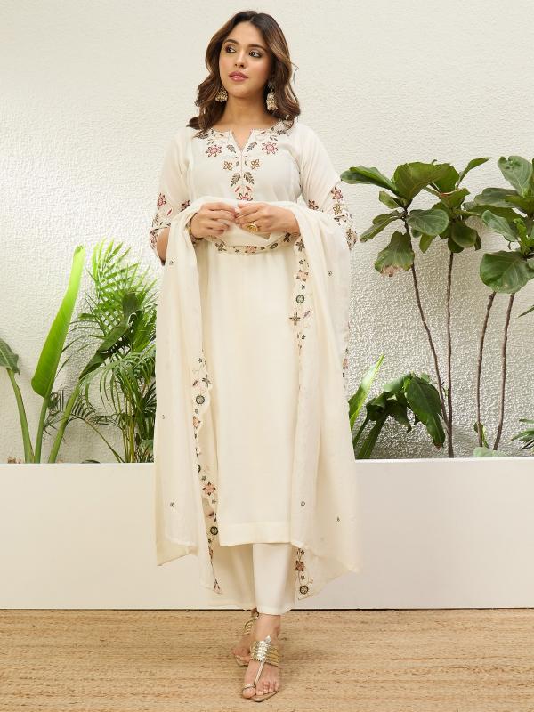 VP 9713 W Women's Cream Embroidered Yoke Straight Kurta Set with Scalloped Dupatta